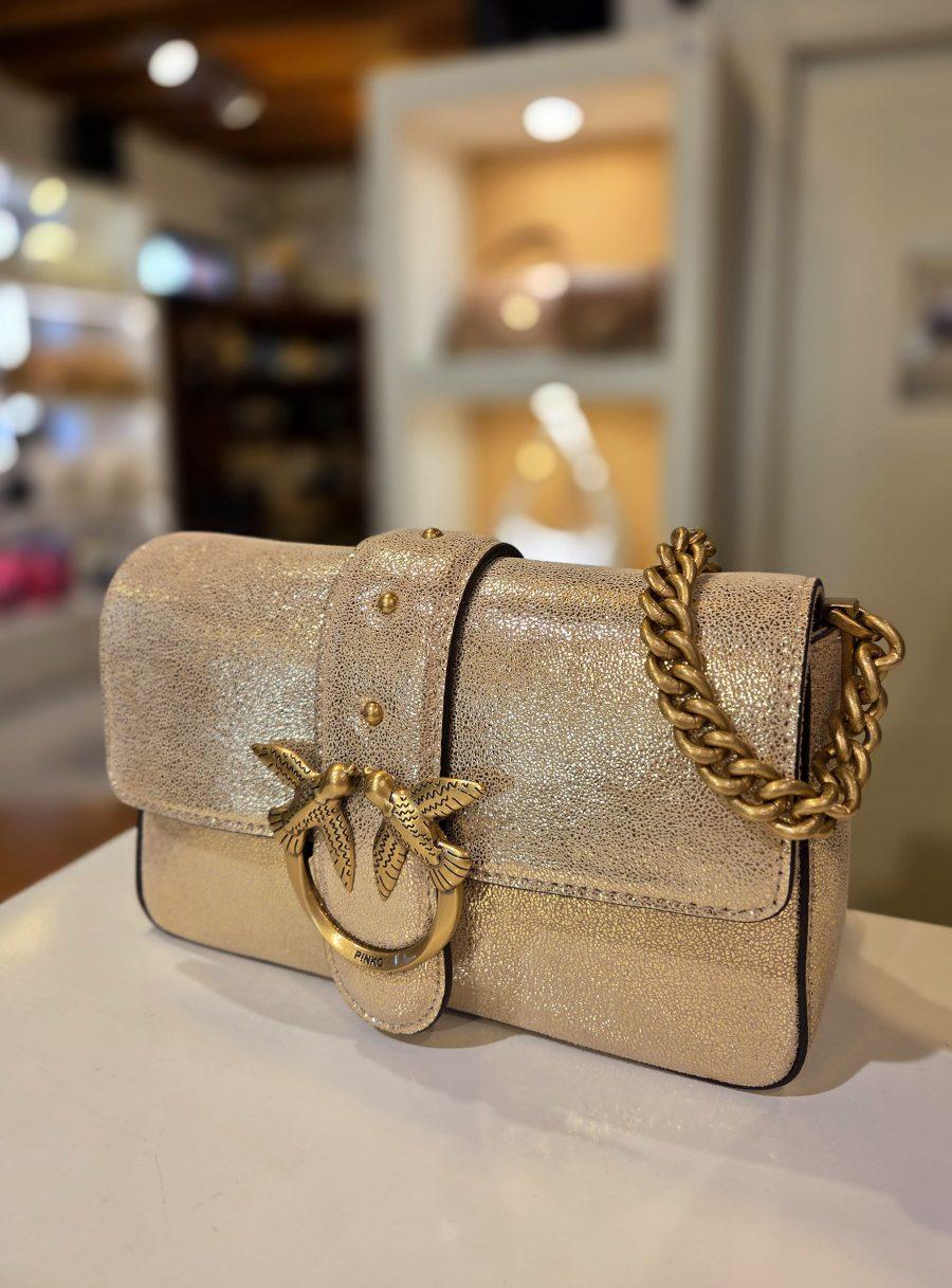 Borsa morbida a spalla love bag mini in suede glitter LOVE ONE MINI SLOUCHY CL. PINKO 104345 A27K HI0Q in colore ORO/SABBIA